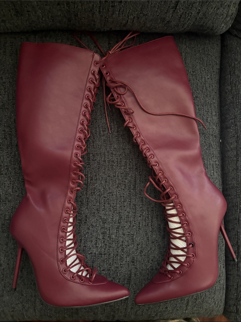 Fashion Nova Burgundy Lace-Up Knee High Stiletto Boots
